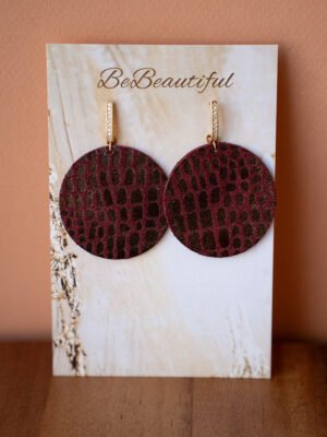 Burgundi hasított bőr cirkónium köves kör alakú fülbevaló