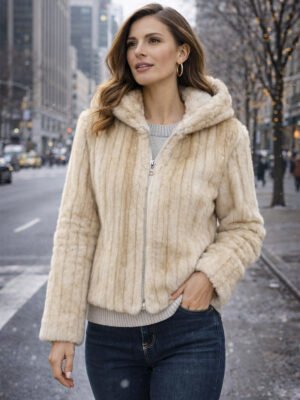 Bézs színű nerc hatású cipzáros kapucnis bunda