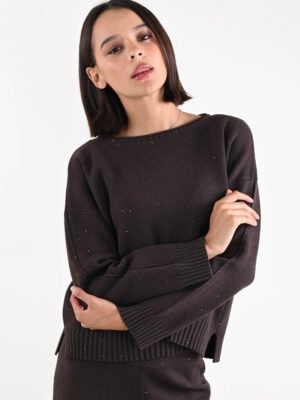 Rövid állású kötött csillámos pulóver