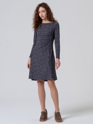 Kék barna mintás csónaknyakú midi ruha