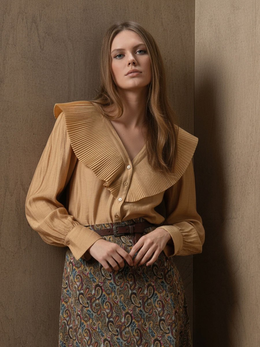 Bézs színű rakott gallérú ing - Image 2