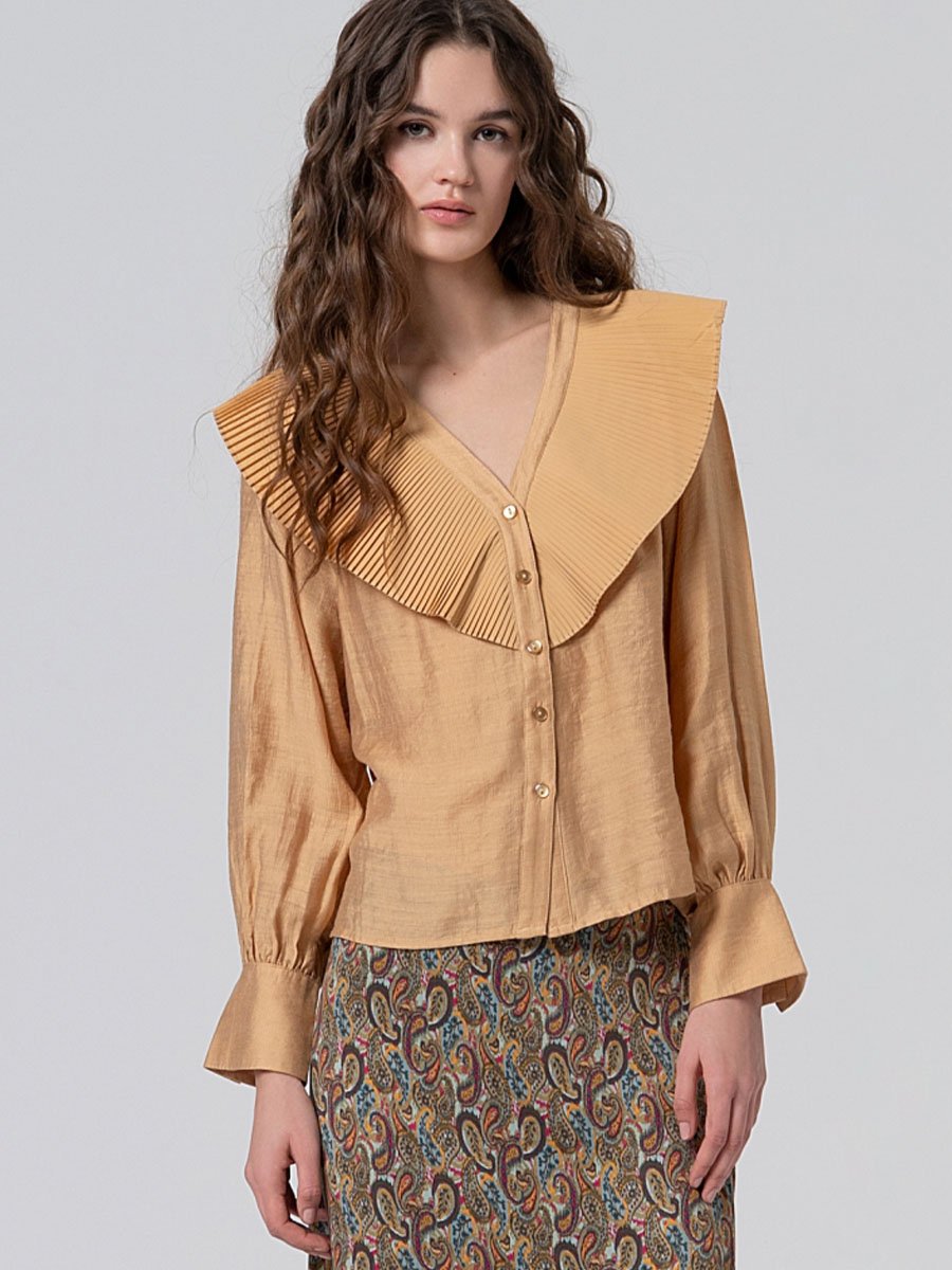 Bézs színű rakott gallérú ing - Image 3