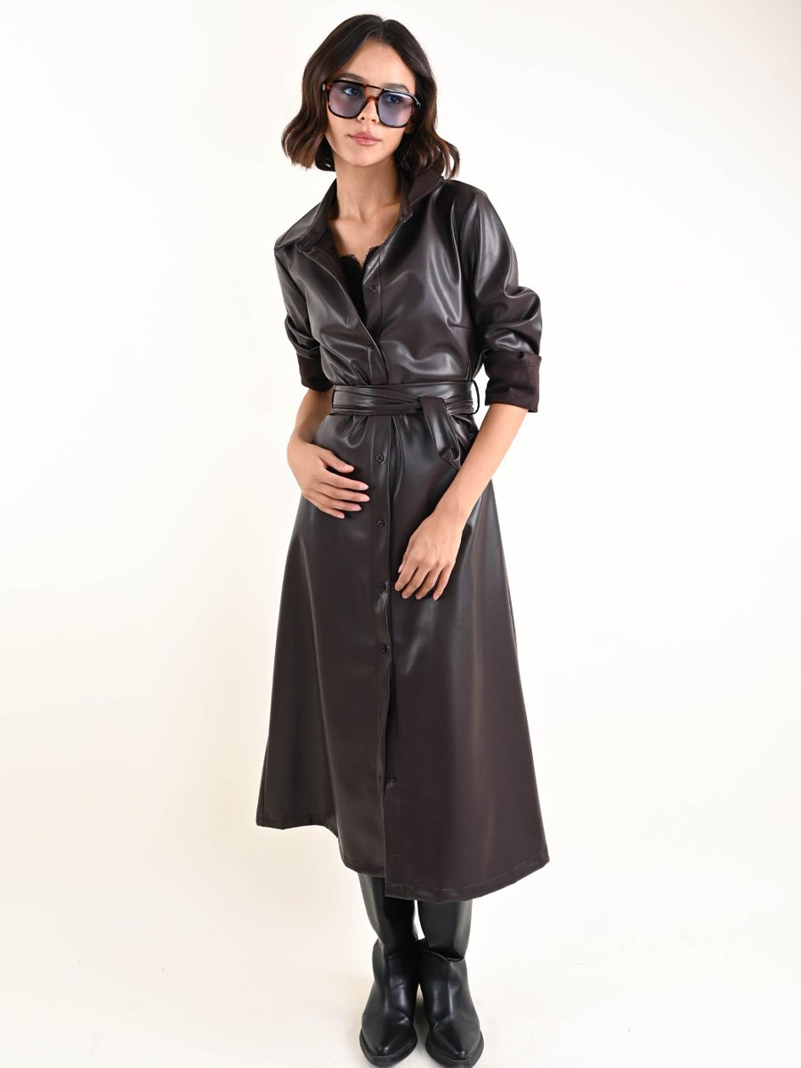 Csoki barna hosszú ujjú műbőr ingruha - Image 2