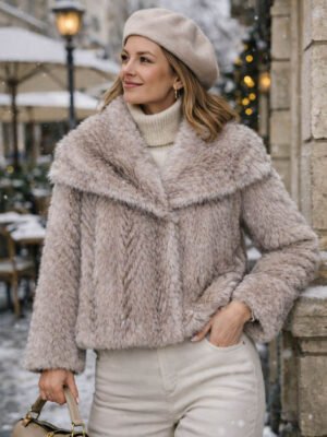 Bézs színű hosszú szőrű műszőrme bunda