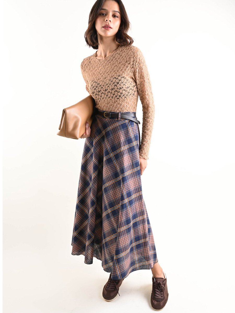 Kék barna hosszú kockás szoknya övvel - Image 3