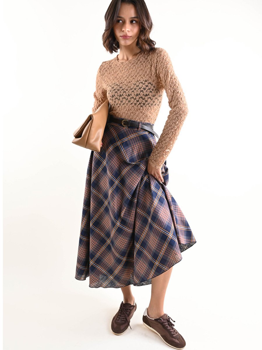 Kék barna hosszú kockás szoknya övvel