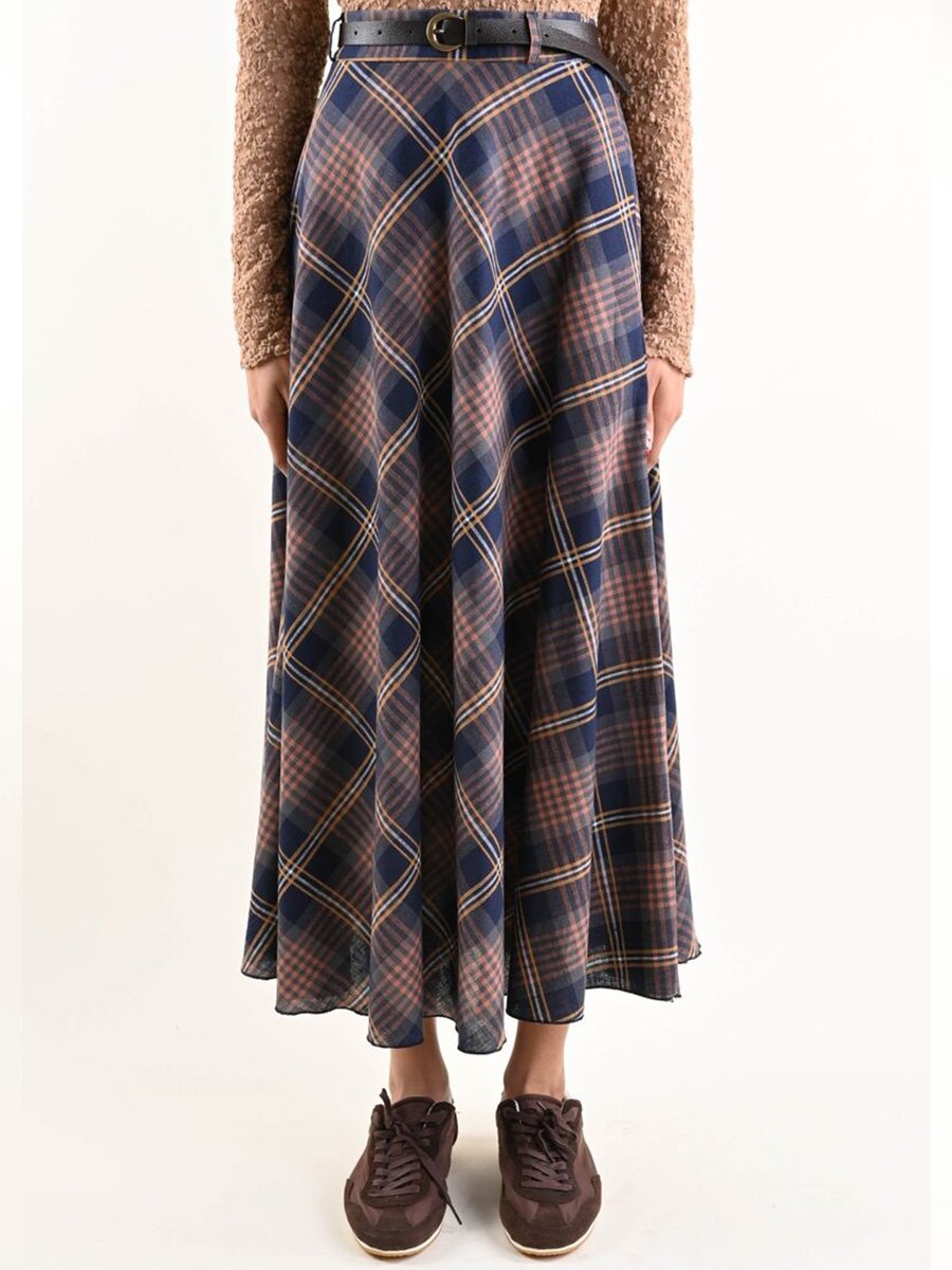 Kék barna hosszú kockás szoknya övvel - Image 4