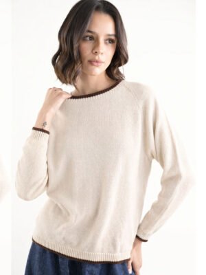 Kerek nyakú bézs csoki szegélyű kötött pulóver
