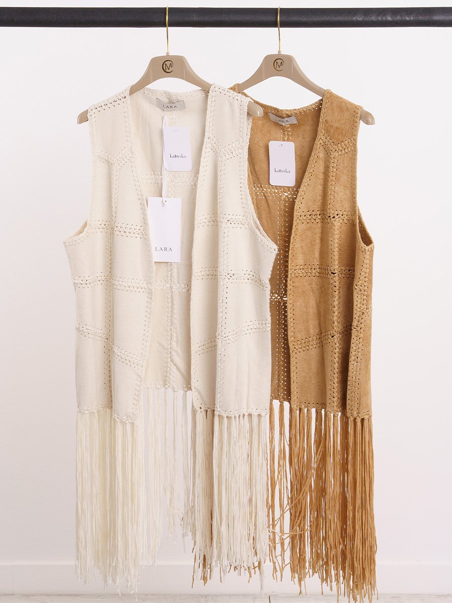 Ekrü színű rojtos mellény - Image 4