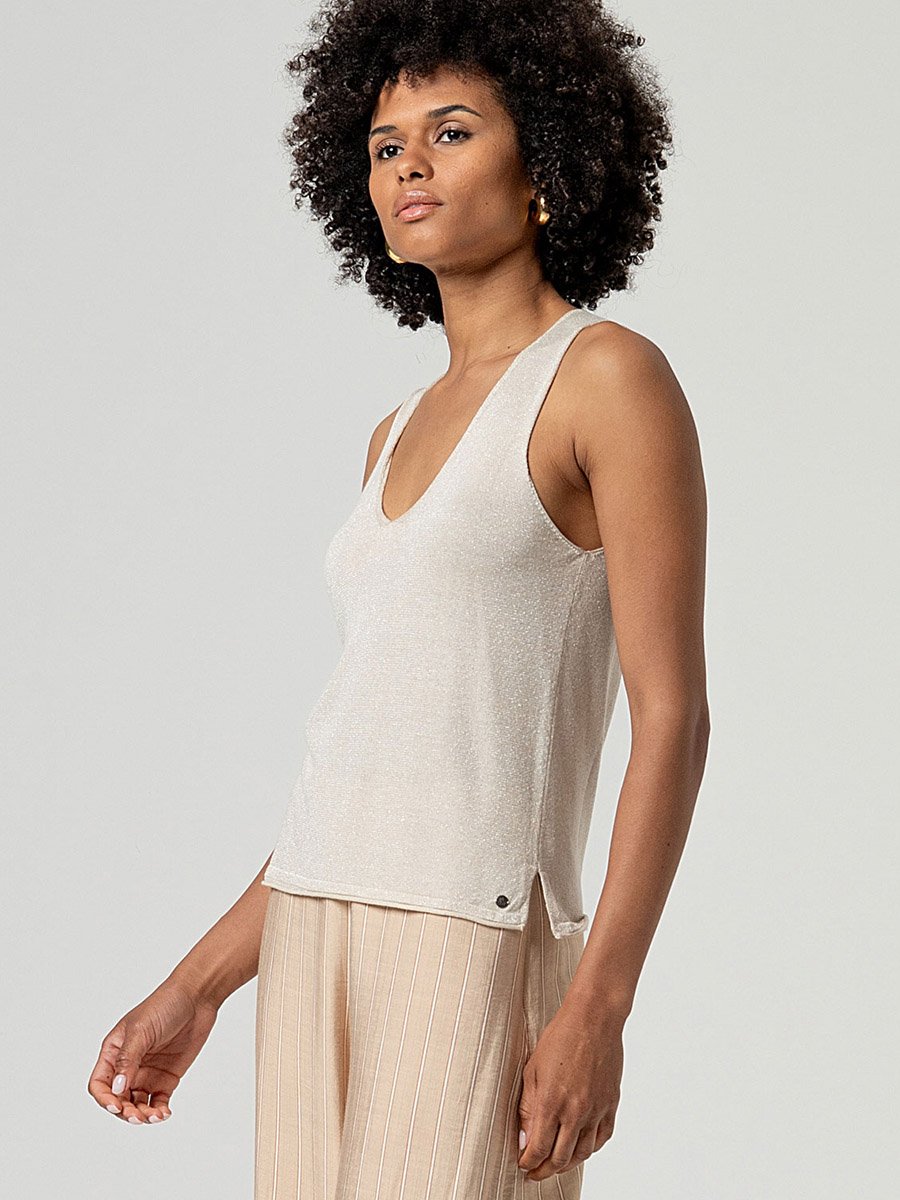 Bézs színű csillogós V-nyakú pántos felső - Image 2