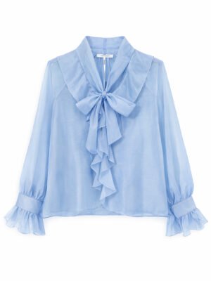 Világoskék masninyakú blúz fodros ujjakkal