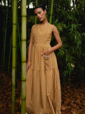 Mustár színű csíkos ujjatlan hosszú ruha