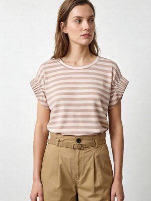 Beige csíkos lurex szálas póló