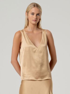 Beige színű V-nyakú ujjatlan szatén felső